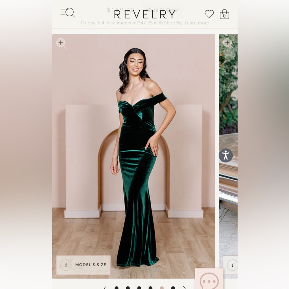 REVELRY Bardot Velvet emerald bridesmaids dress